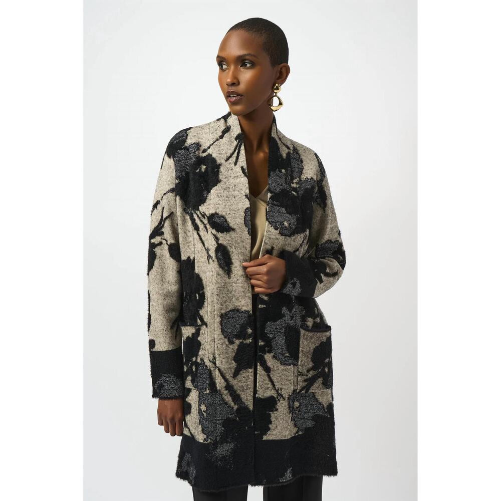 NEW JOSEPH RIBKOFF jacquard floral knit cardigan in champagne/black